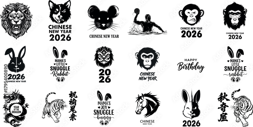 Fototapeta premium Collection of zodiac animal silhouettes and chinese new year symbols for 2026 celebration