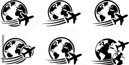 Airplane flying around globe icons set travel and global transportation concept vector illustration