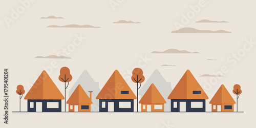 Row of houses with trees and clouds in a flat design style illustration
