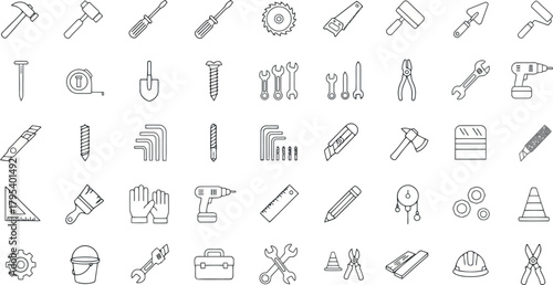 Collection of handdrawn construction and diy tool icons
