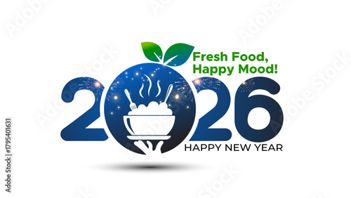 Greeting card design for 2026, Happy new year with party, celebration and food promotion.