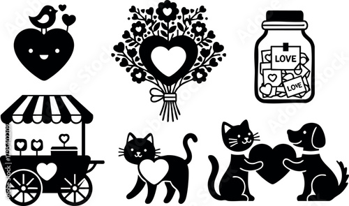 Valentine Love Heart Icons with Bouquet Cat Dog Jar Cart Romantic Vector Set