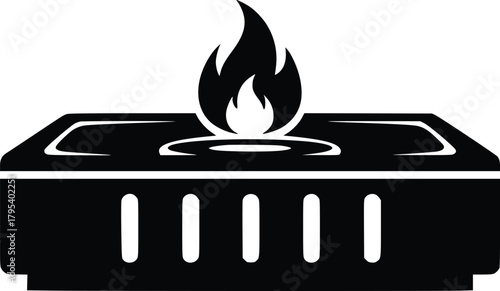 Black and White Vector Icon of Gas Stove Burner with Flame Representing Cooking and Heat Source

