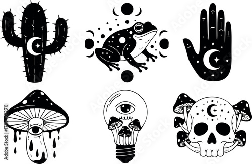 Mystic black and white vector icons featuring cactus, frog, hand, mushroom, lightbulb, and skull with moon and eye symbols