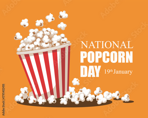 Popcorn isolated on a yellow background. Cinema icon in flat style. Snack. Big red and white strip box. as the national popcorn day banner.
