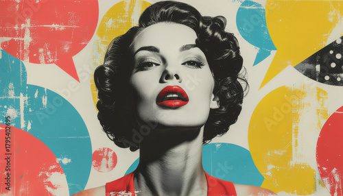 Pop-art style portrait of a confident woman with vintage hairstyle and red lipstick, set against colorful distressed speech bubbles in red, yellow, and blue on a white background.