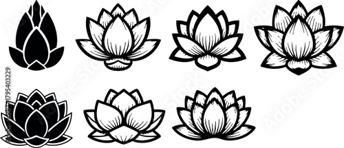 Set of lotus flower vector icons in black and white line art style for design and decoration
