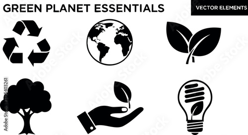 Green planet essentials icons including recycling earth leaf tree hand energy saving light bulb vector elements