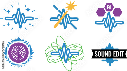 Audio wave sound editing and artificial intelligence technology icons in vector format for creative digital design and sound manipulation techniques