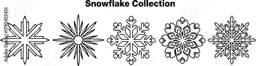 Snowflake collection vector set with five unique winter snowflake designs for seasonal decoration and holiday themes