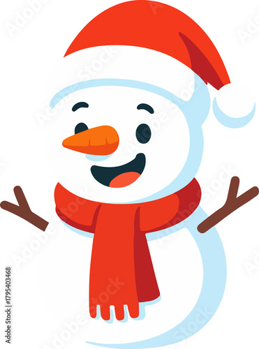 Cheerful Cartoon Snowman Character with Santa Hat & Red Scarf - Festive Winter Holiday Celebration