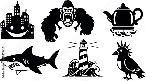 Vector icons of roaring gorilla cityscape shark lighthouse teapot crow in black silhouette style