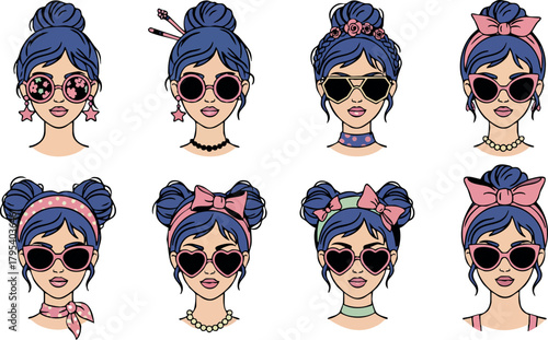Stylish young woman with blue hair and sunglasses in various headband and bow accessories vector set for fashion and beauty designs