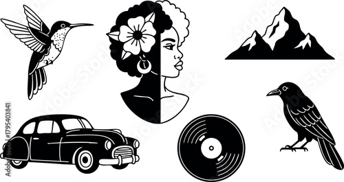 Vintage car hummingbird crow mountain vinyl record woman profile floral hair vector illustration