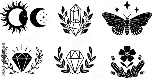 Mystical black sun moon crystals butterfly diamond flower vector icons design set