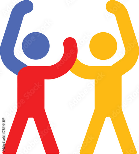 Colorful teamwork symbol with abstract figures celebrating success and unity in a vibrant design