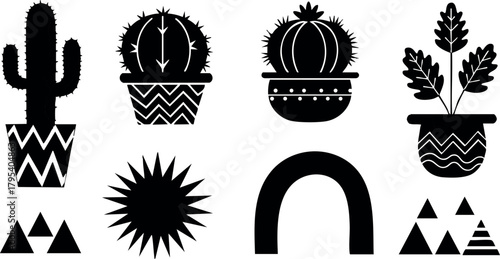 Black silhouette cactus and succulent plants with geometric pots and desert symbols vector design