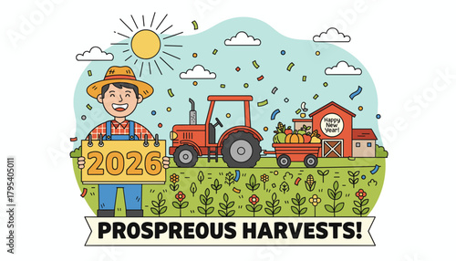 Farmer holding 2026 sign celebrates New Year and agriculture prosperity with tractor and harvest