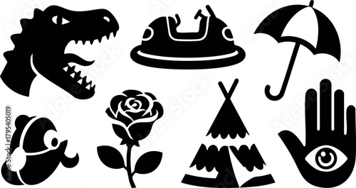 Collection of black silhouette icons including dinosaur head, firefighter helmet, umbrella, fish, rose, teepee, and symbolic hand with eye vector illustration