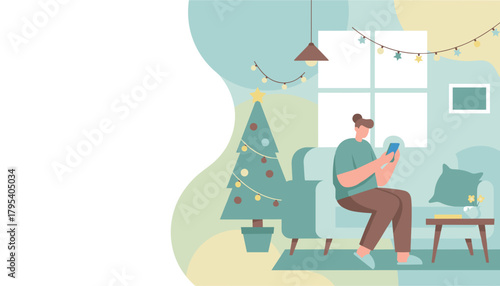 Cozy winter flat vector Person uses smartphone in decorated living room with copy space