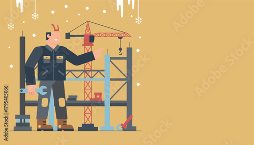 Construction worker oversees winter building project with crane Labor industry and maintenance concept