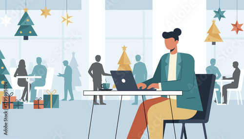 Professional woman working on laptop in modern office decorated for the Christmas holidays