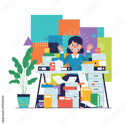 Stressed worker drowning in paperwork expressing anger and burnout from overwhelming office tasks