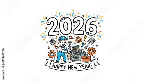 2026 New Year celebration illustration for mechanics auto repair and automotive business industry