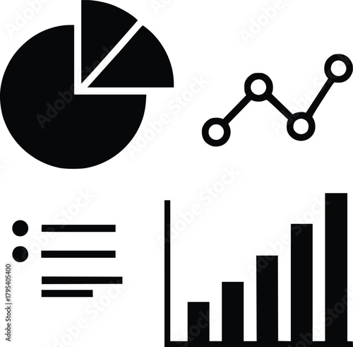 Black and White Vector Icon Set of Pie Chart, Line Graph, Bullet List, and Bar Chart Representing Data Visualization
