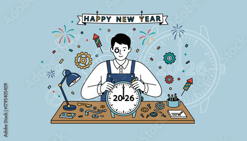 Happy New Year 2026 Technician sets the precise time celebrating new beginning