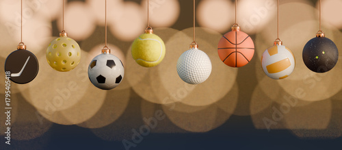 Fototapeta Naklejka Na Ścianę i Meble -  Sports theme christmas ornaments featuring various sports balls hanging as holiday decorations. 3d rendering