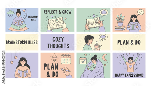 Doodle set Reading journaling planning and brainstorming for personal development and mental wellness