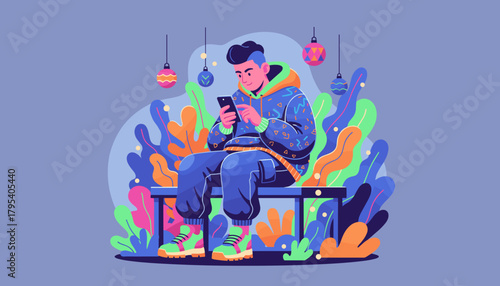 Young man uses smartphone on bench in a modern vibrant setting with decorative plants and hanging ornaments