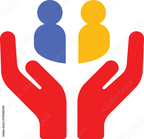 Supporting Diversity and Inclusion concept with red hands holding different colored figures signifying unity and community support
