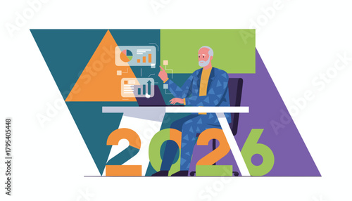 Senior manager analyzes 2026 business plan and financial data using modern technology visualization