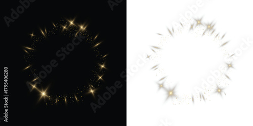 Golden stars and sparkles float across a white background, creating a whimsical and festive design element for celebrations and special occasions.