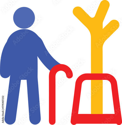 Graphic illustration of elderly person with walking cane next to coat rack in flat style