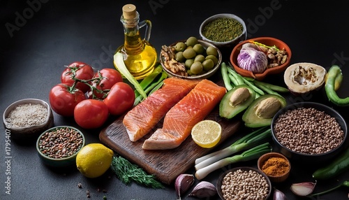 dash flexitarian mediterranean diet ingredients on a dark background healthy vegetarian mediterranean fresh