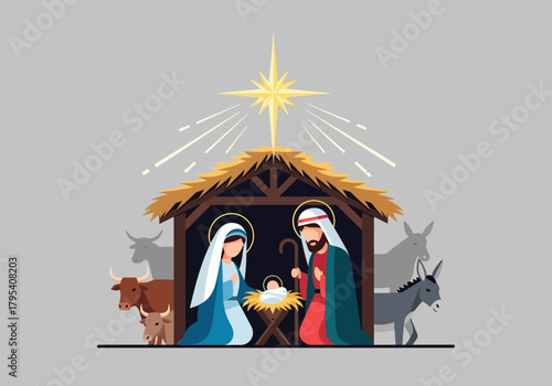 Nativity Scene with Mary Joseph Baby Jesus Star and Animals.