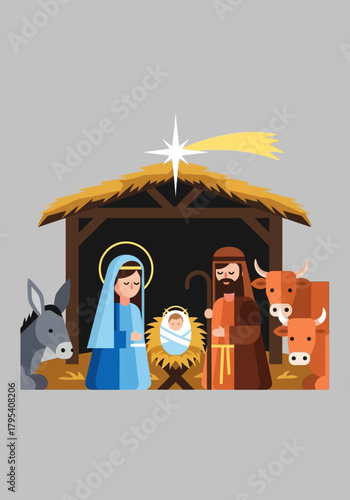 Nativity Scene with Mary Joseph Baby Jesus Animals and Star of Bethlehem.