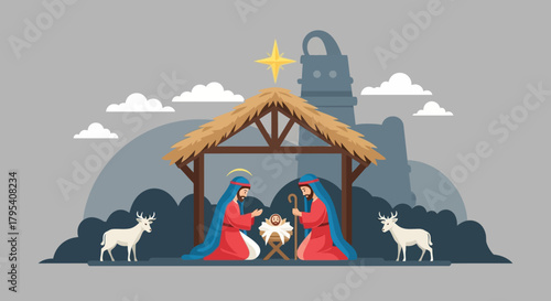 Nativity Scene with Holy Family and Deer Under Star.