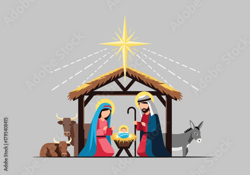 Nativity Scene Illustration with Mary Joseph Baby Jesus and Animals.