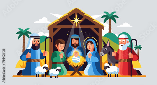 Nativity Scene Illustration with Holy Family Shepherds and Animals in a Stable.