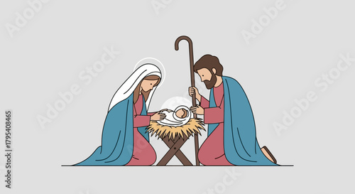 Nativity Scene Illustration: Mary Joseph and Baby Jesus in Manger.