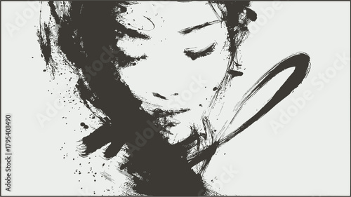 Abstract female portrait in oriental ink brush painting style — minimalist black and white art