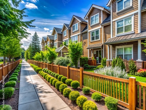 Row of townhouses with green landscape