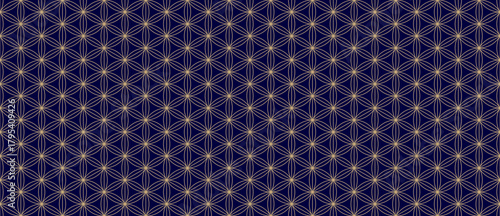 Luxury geometric seamless pattern with floral grid, thin lines, hexagons, triangles, flowers, lattice. Abstract minimal linear deep blue and gold geo background. Elegant golden oriental style design