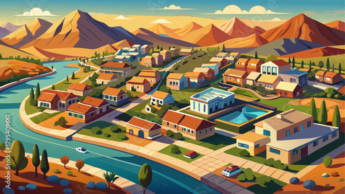 Very beautiful aerial fly-over view of desert suburban homes and the mountain ridge near Lake Las Vegas, featuring warm desert tones, neatly arranged neighborhoods, winding streets, and rugged mountai