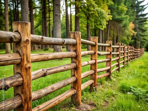 Wooden fence in a green forest landscape