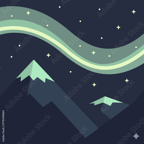 Striking Minimalist Flat Design: Ethereal Wavy Aurora Borealis Illuminating Dark Mountains Under a Starry Night Sky. Generated image